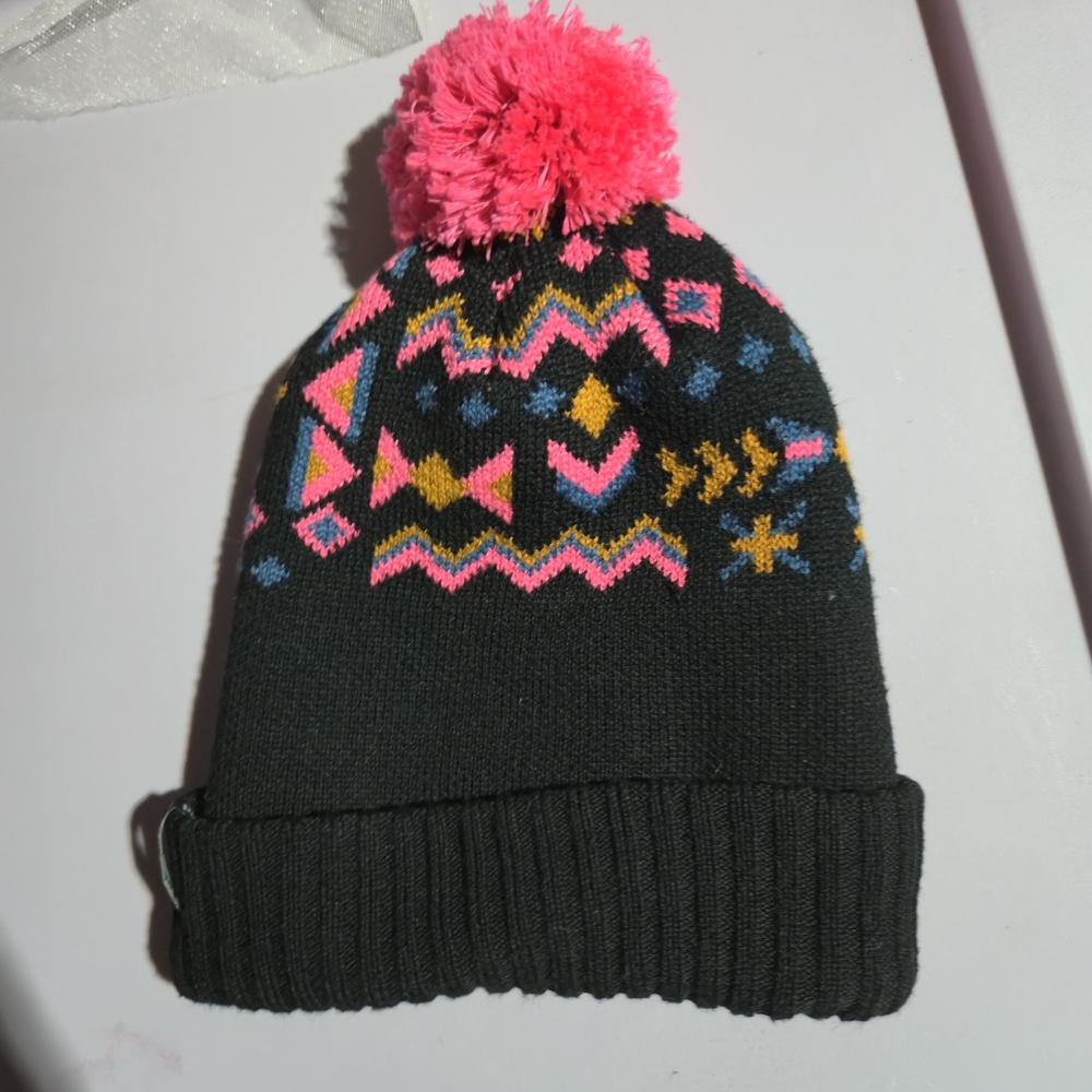 Patagonia Black Beanie with Hot Pink Pom and Multicolor Pattern